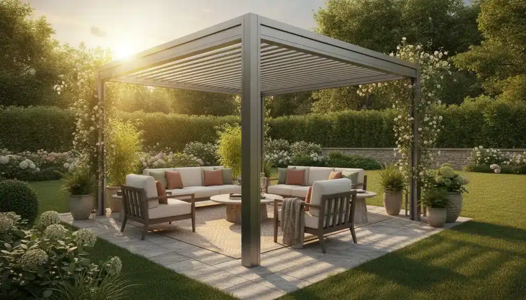Outdoor pergola with cushioned seating and plants in a sunny garden setting