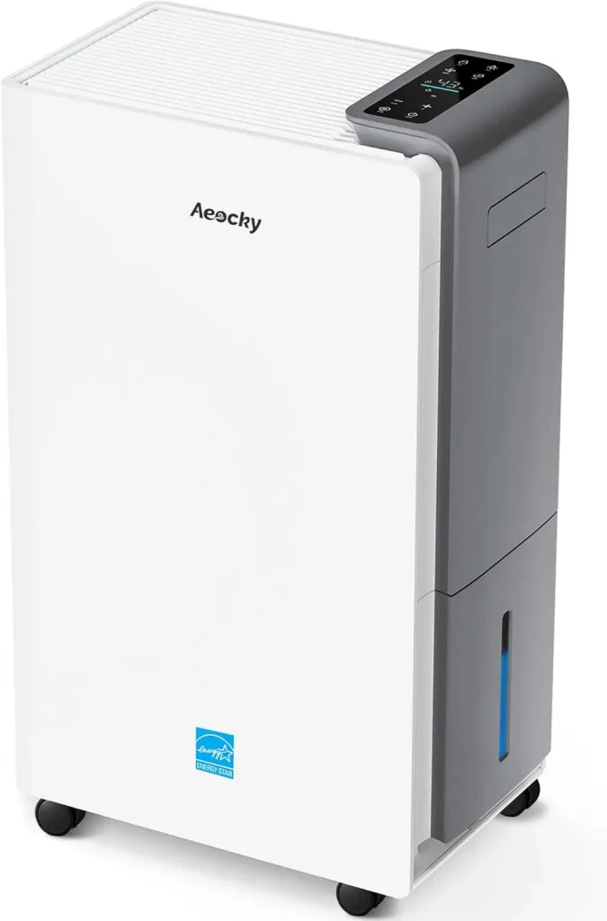 White and gray portable dehumidifier with digital control panel on top