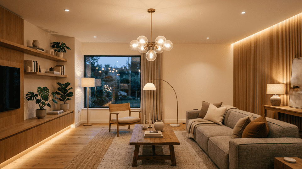 Ambient lighting with pendant, recessed, and wall lights in a modern living room