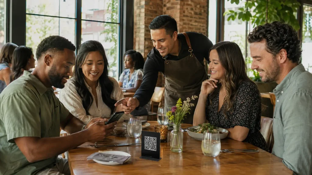 Group of friends interacting with server in cozy restaurant, using smartphone at wooden table