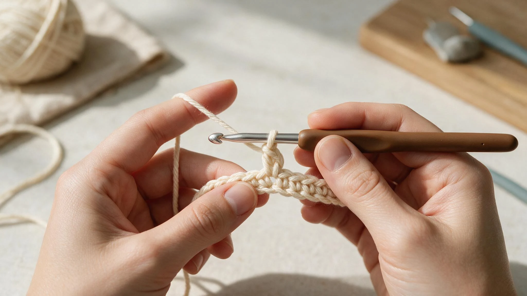 An individual engaged in crocheting, manipulating a hook with vibrant yarn.