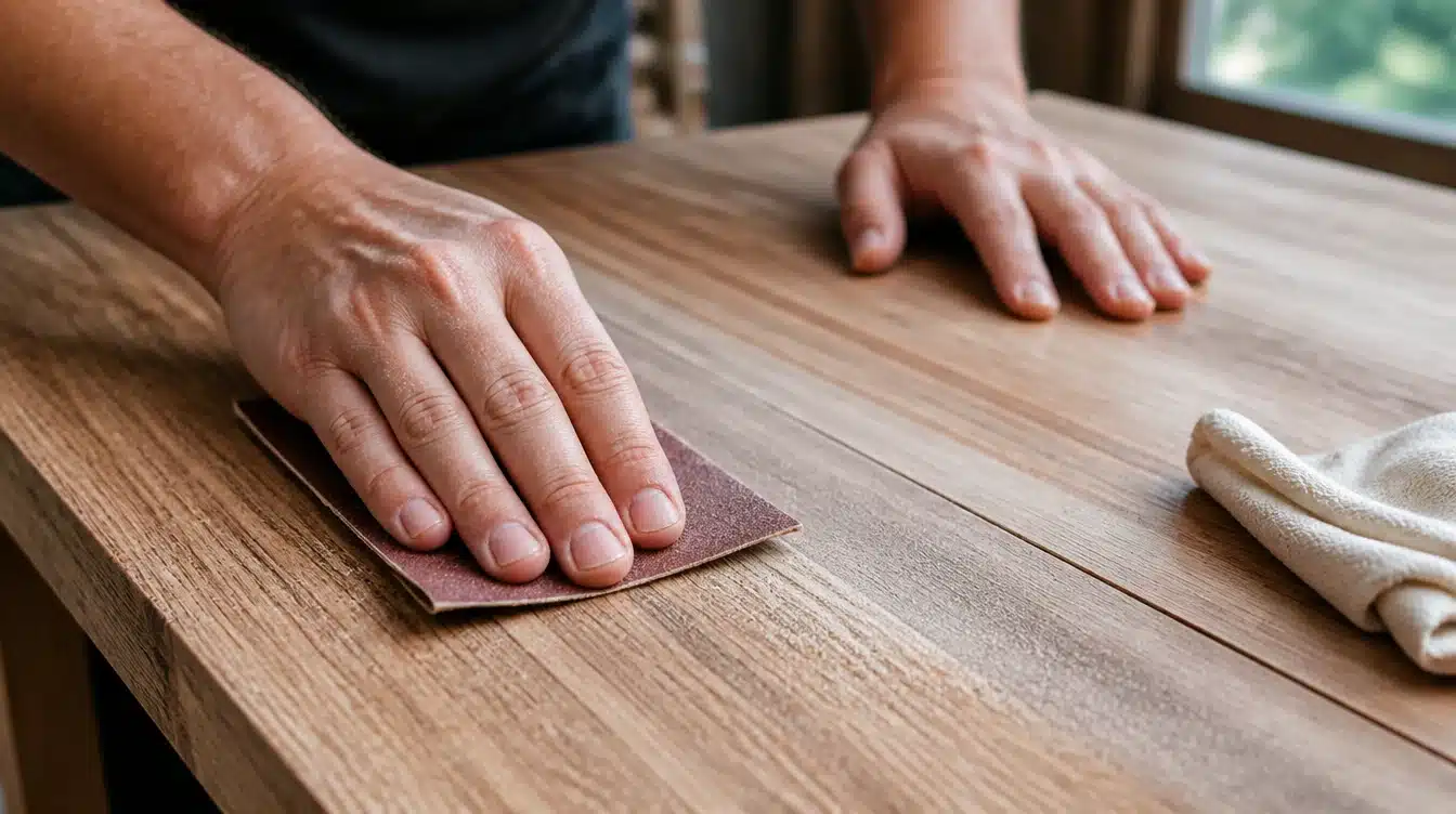 An individual is sanding a wooden table using a paper, focusing on maintaining its appearance.