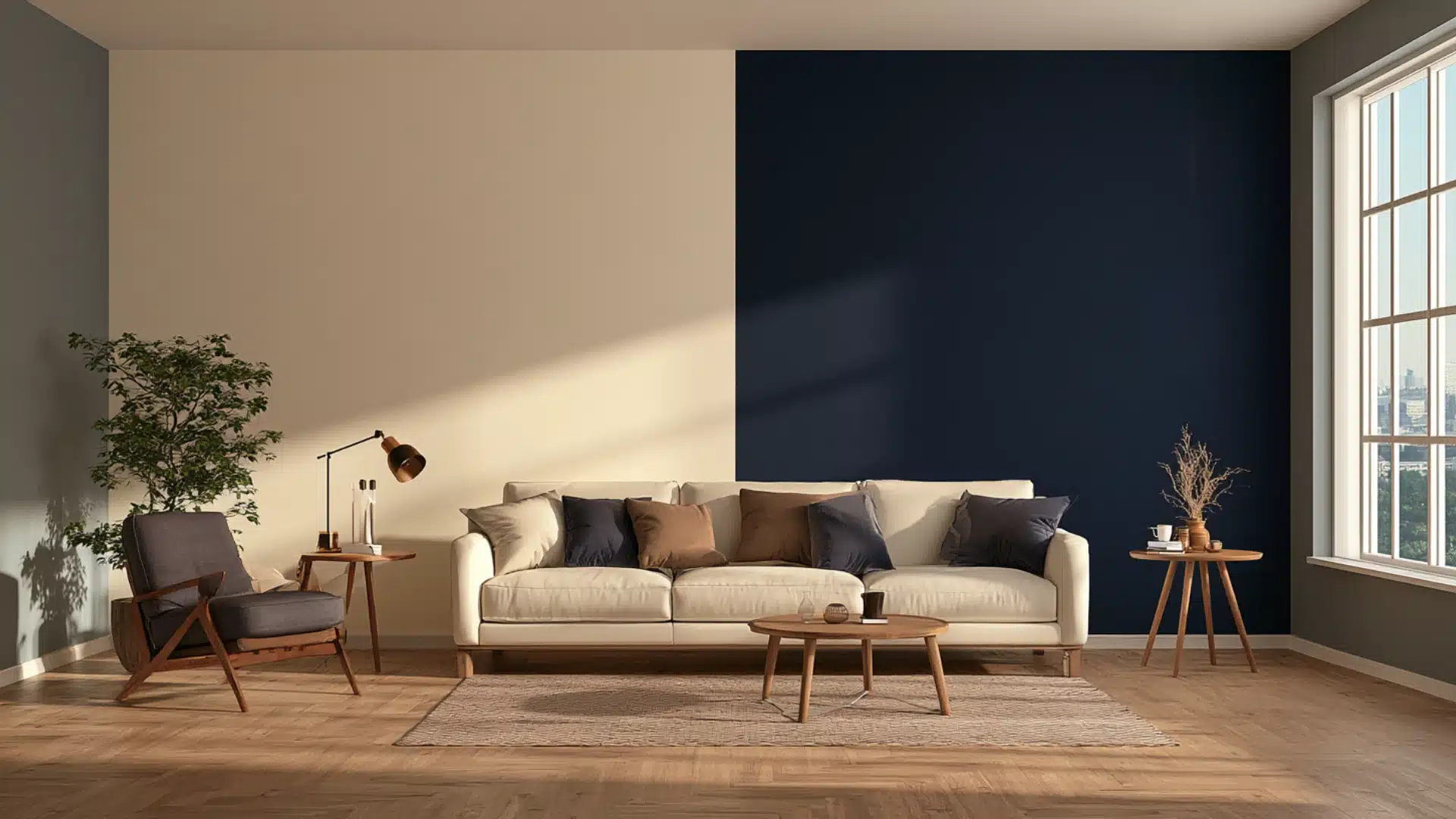 living room with cream and navy accent walls, sofa, chair, and wood decor.