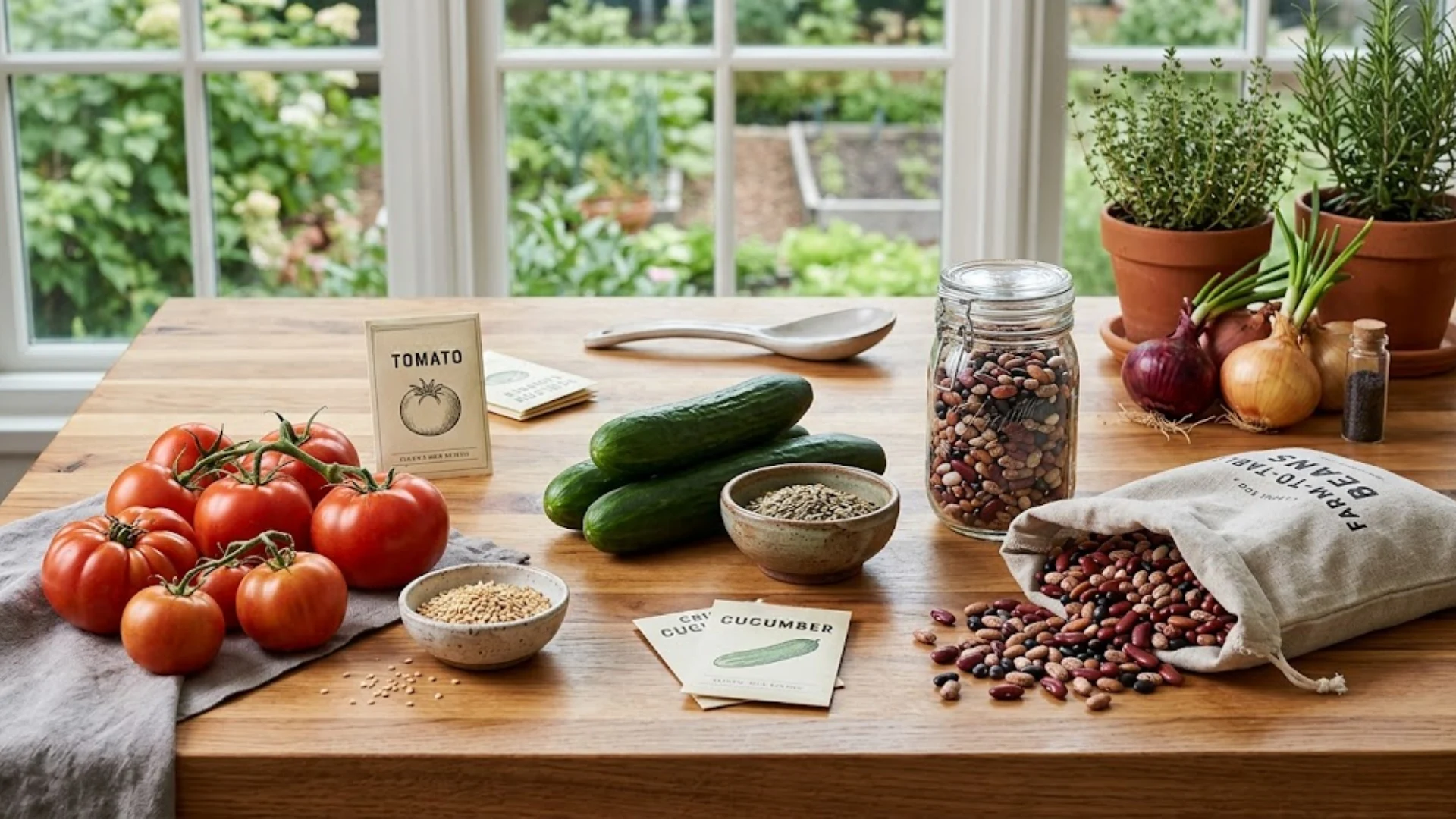 Assortment of fresh vegetables, seed packets, and herbs in pots on a wooden table by a window.