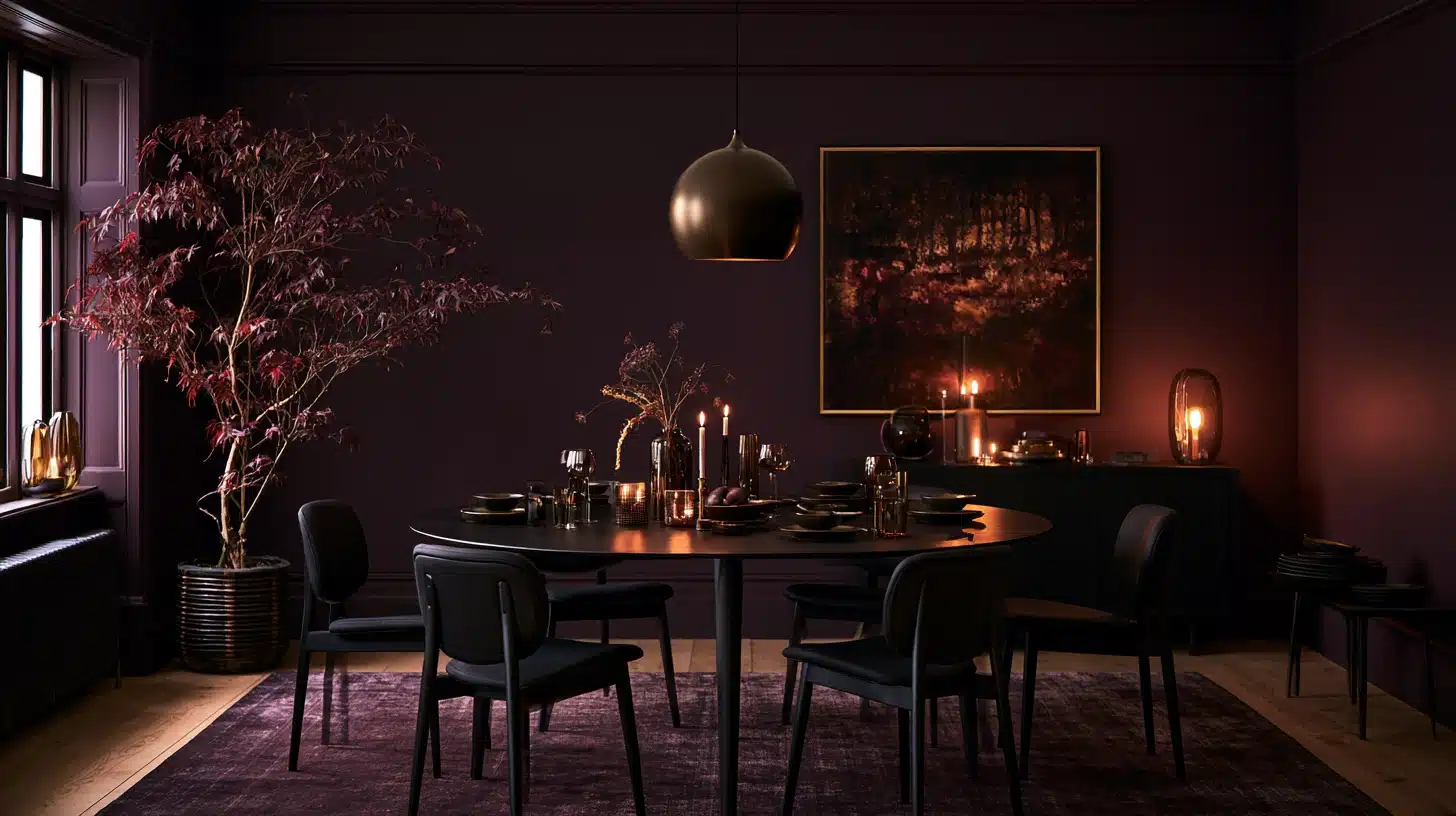 Aubergine dining room with dark purple walls, black dining table and chairs, pendant light, candles, artwork, and dramatic evening ambiance.