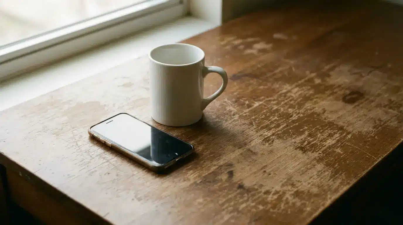 White ceramic mug and smartphone on rustic wooden table near window