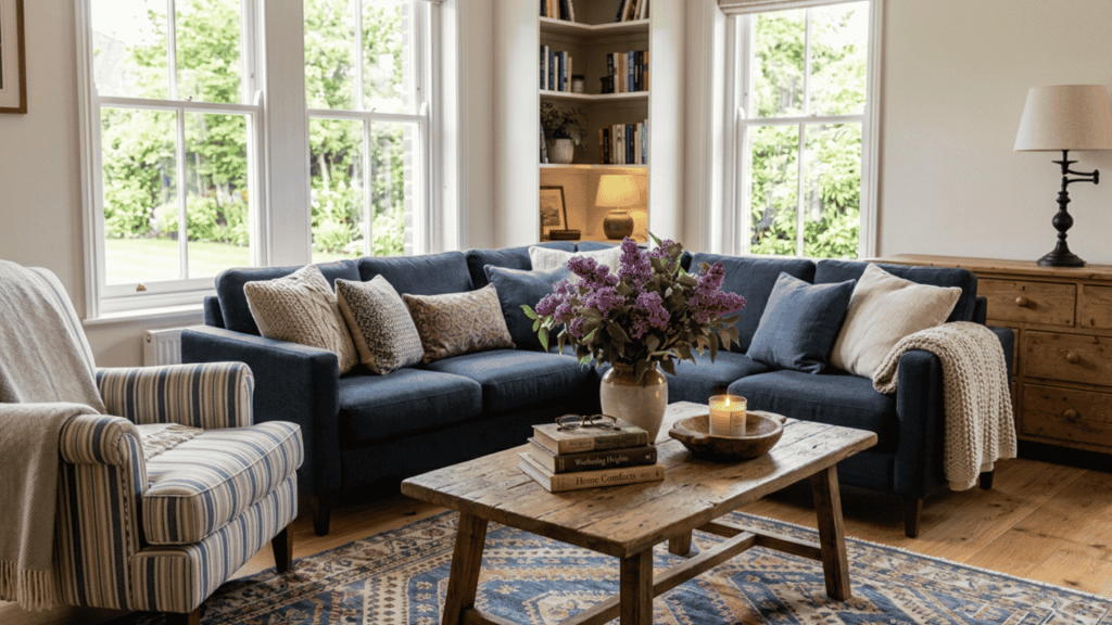 blue sectional sofa with a rectangular wooden coffee table, striped armchair, patterned rug, flowers, and large windows