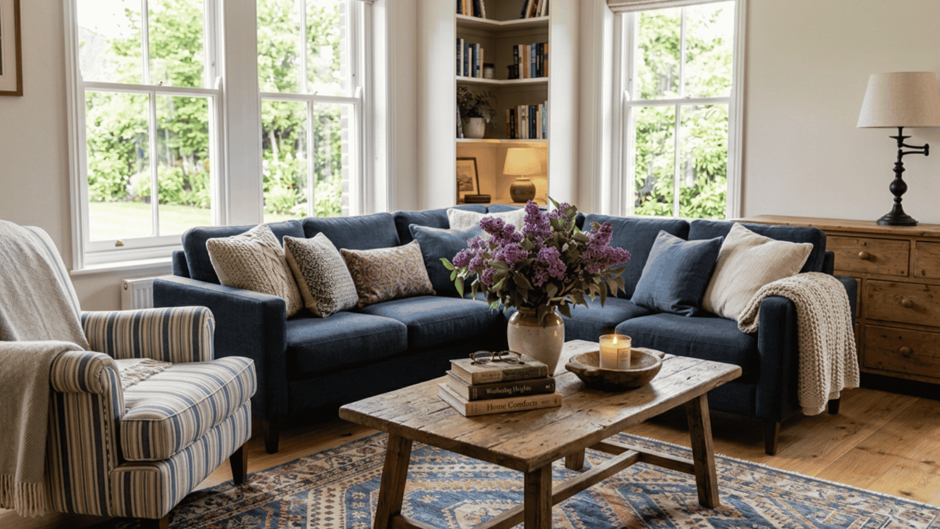 blue sectional sofa with a rectangular wooden coffee table, striped armchair, patterned rug, flowers, and large windows