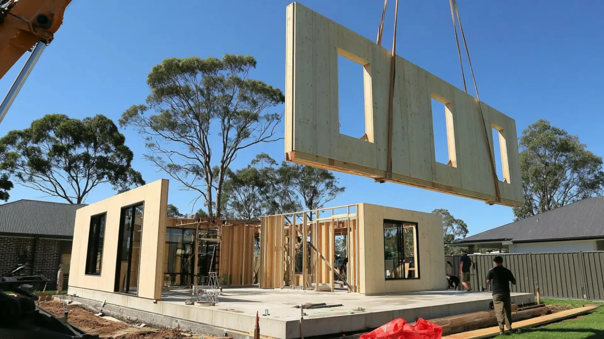 Crane lifts a prefabricated wooden wall panel into place during construction of a modern house.