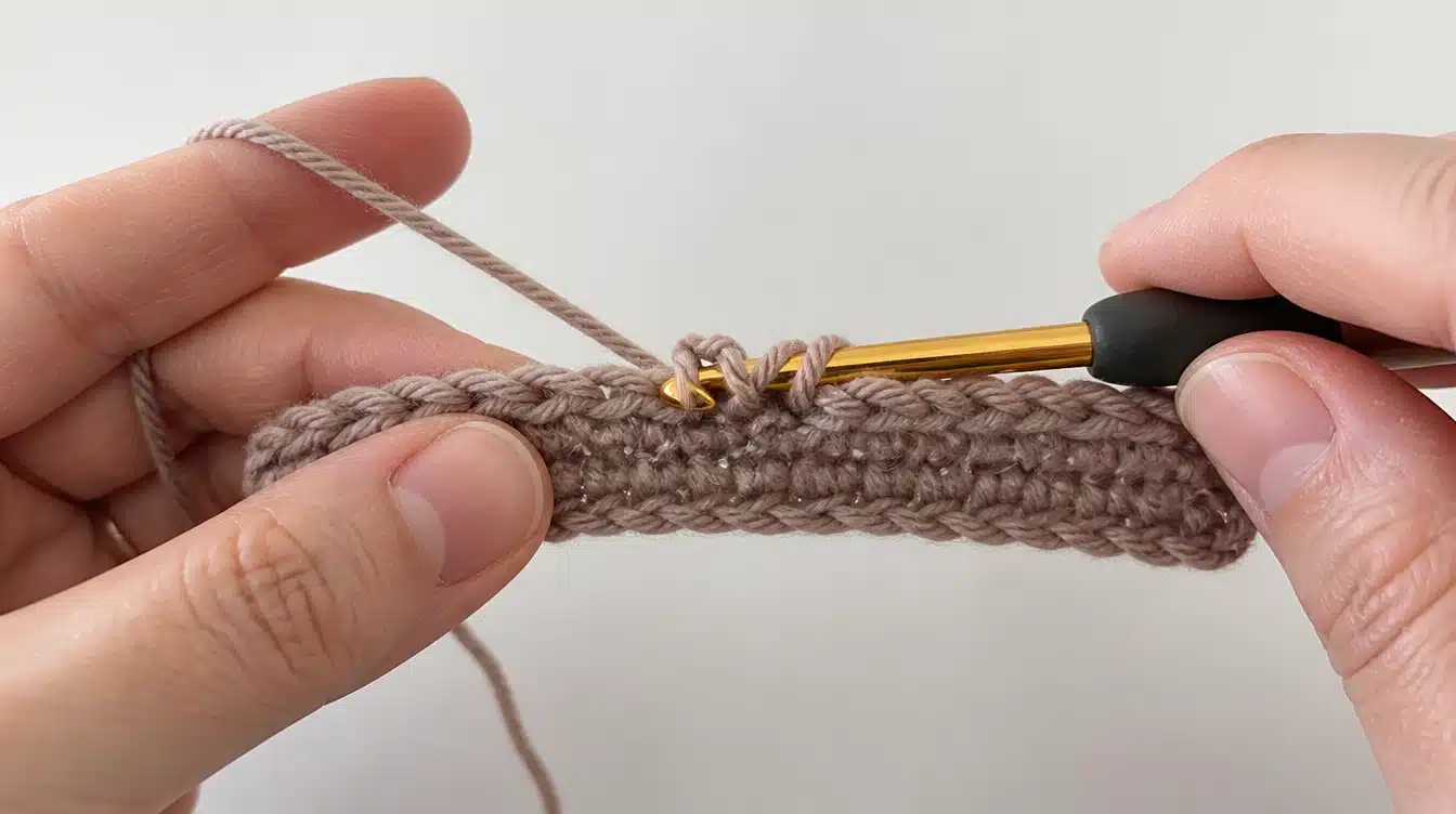 A person skillfully uses a crochet hook to create a stitch in brown yarn.