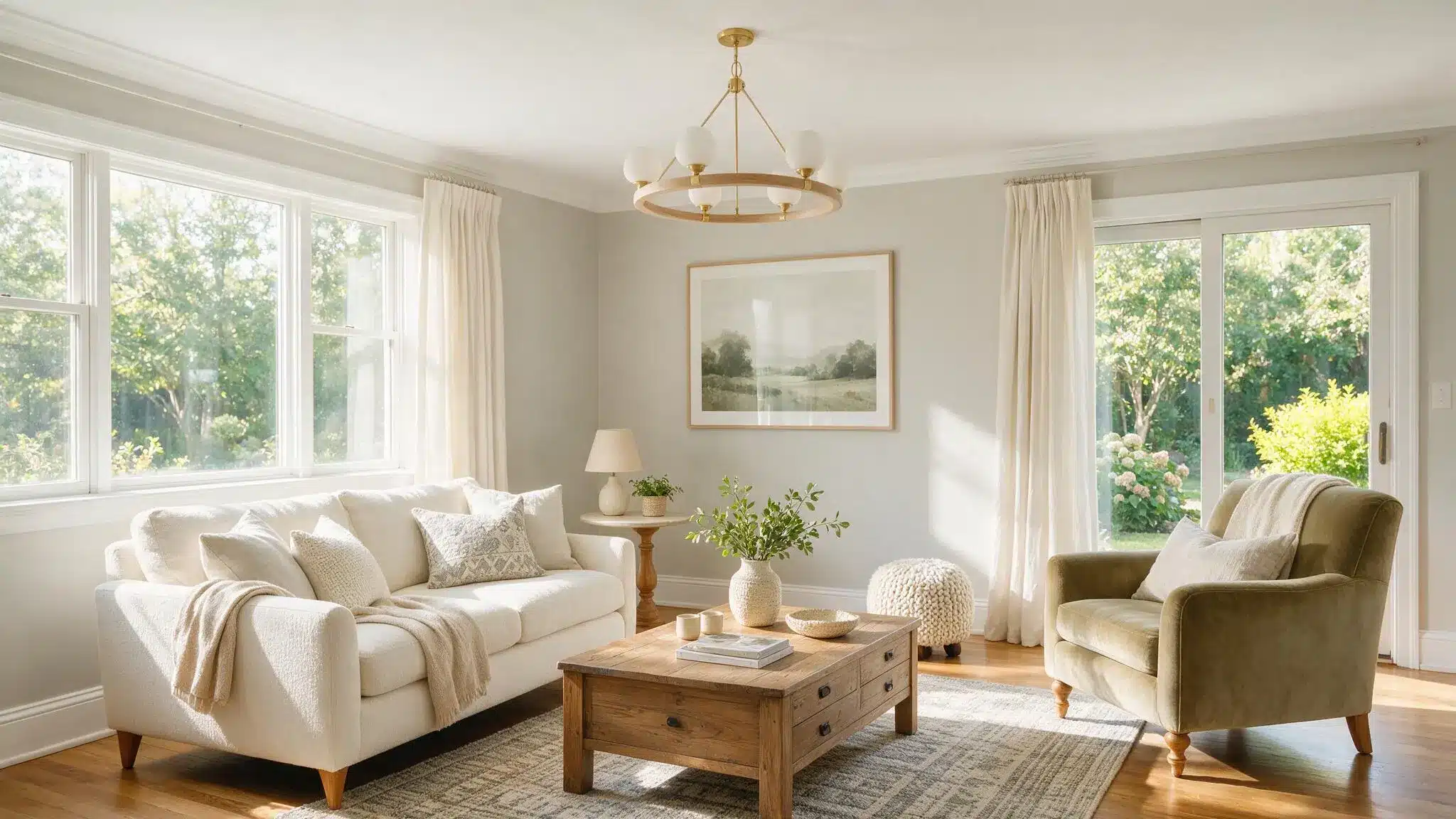 Bright living room with a white sofa, wooden coffee table, armchair, framed landscape, chandelier, and large windows overlooking greenery.