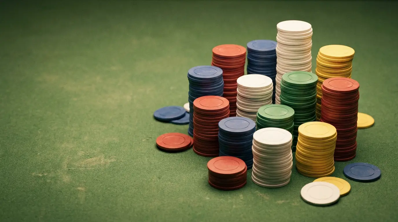 Stacks of red, blue, green, yellow, and white poker chips on green felt surface