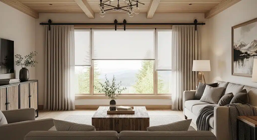 Barn door hardware inspired curtain rod with neutral drapes in a modern rustic living room.