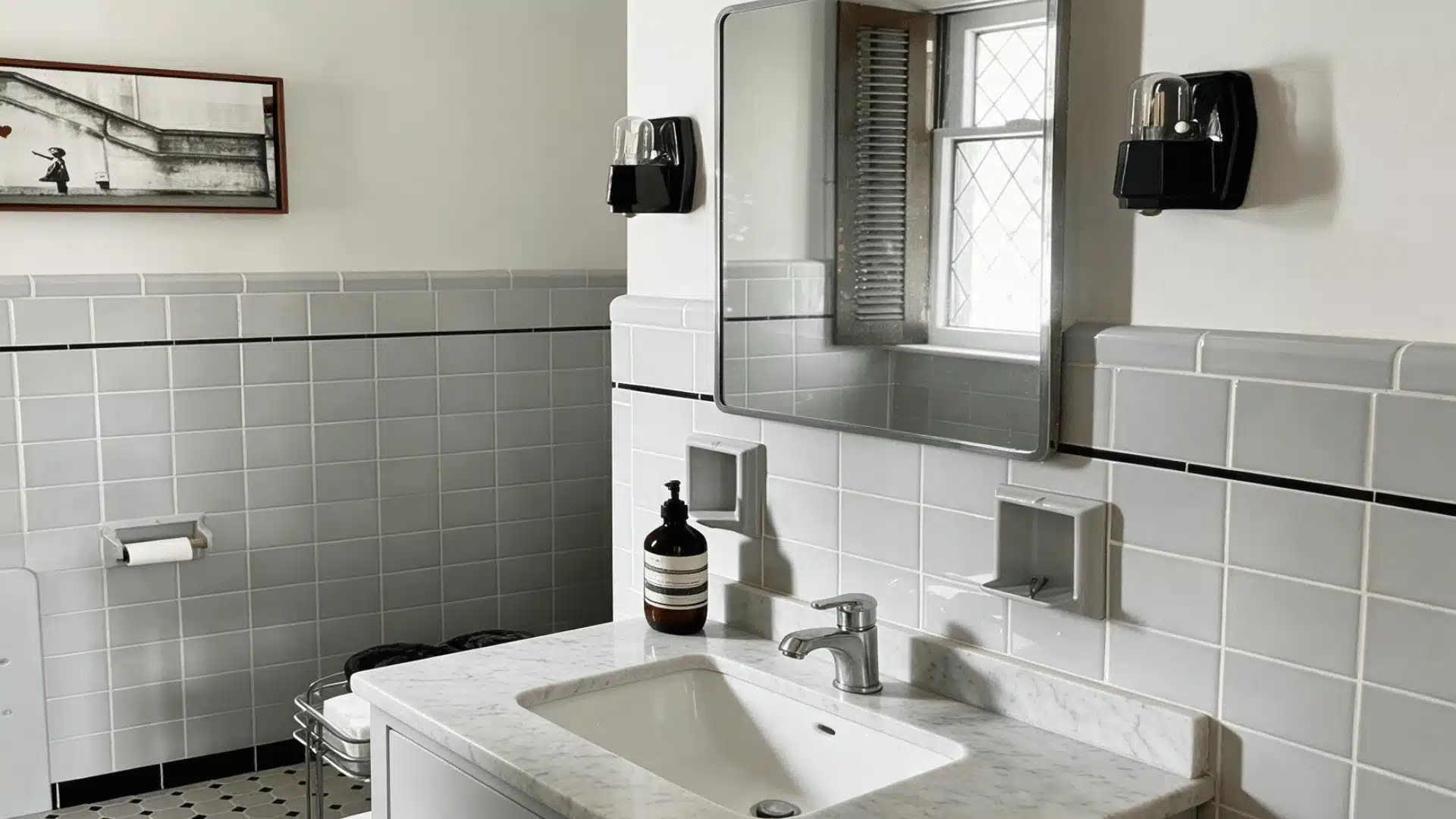 Bathroom vanity with a marble countertop, sink, soap dispenser, large mirror, gray tiled walls, toilet paper holder, and window reflection.