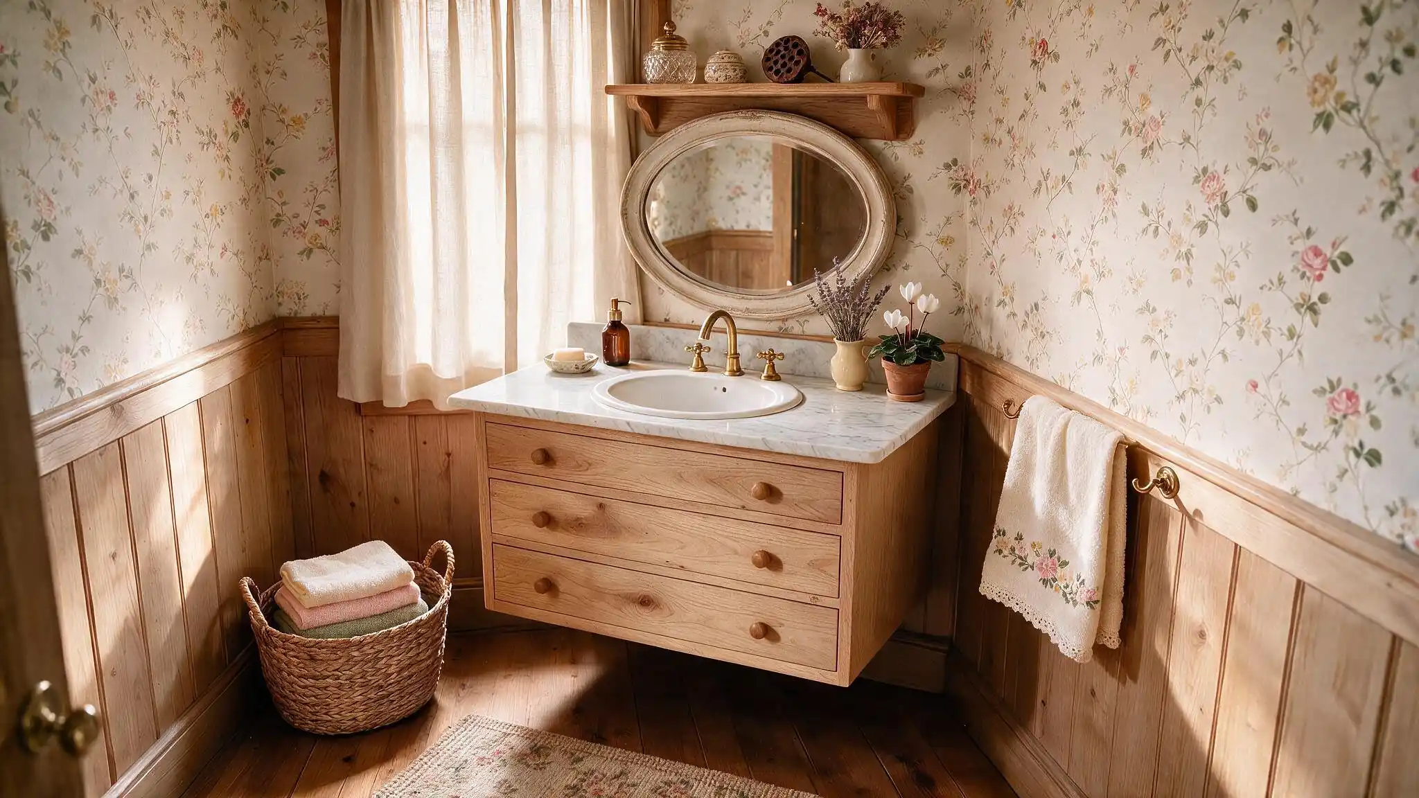 Small cottagecore bathroom with floral wallpaper wooden vanity vintage mirror woven towel basket and brass fixtures