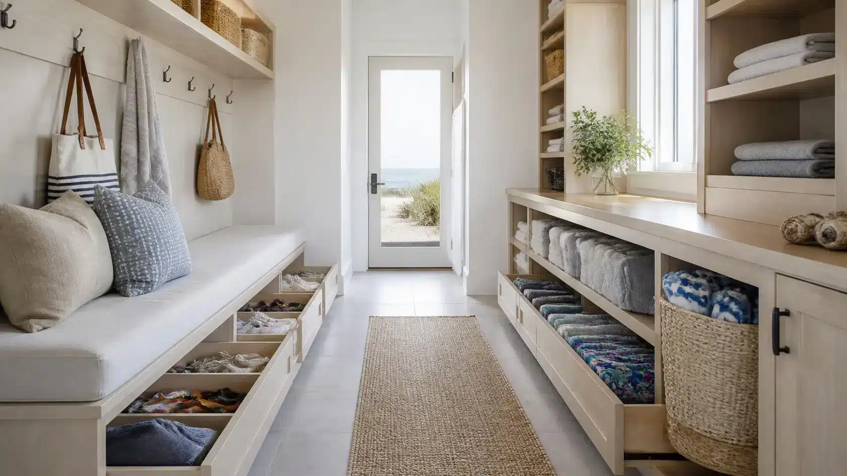 Beach house mudroom with built-in bench storage, open shelving, wall hooks, and a coastal view through the rear door.