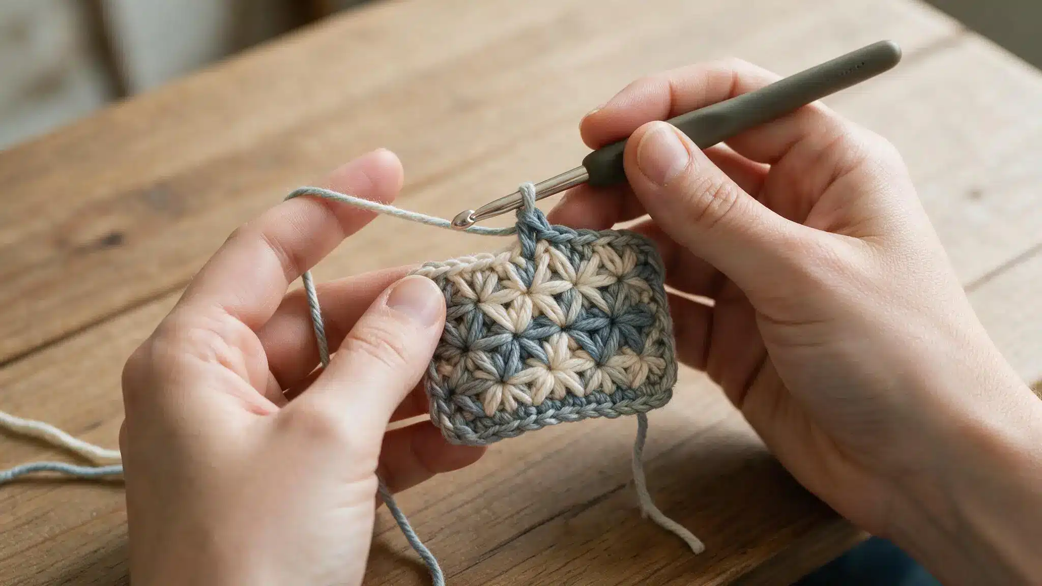 Hands crocheting a colorful square featuring decorative flower like crochet stitches