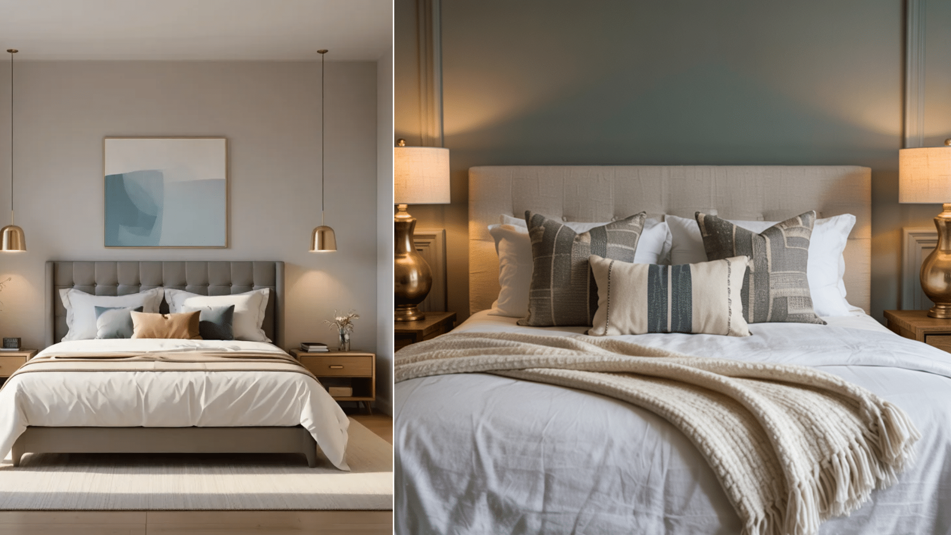 Side-by-side bedrooms with light neutral and deep gray-green painted walls