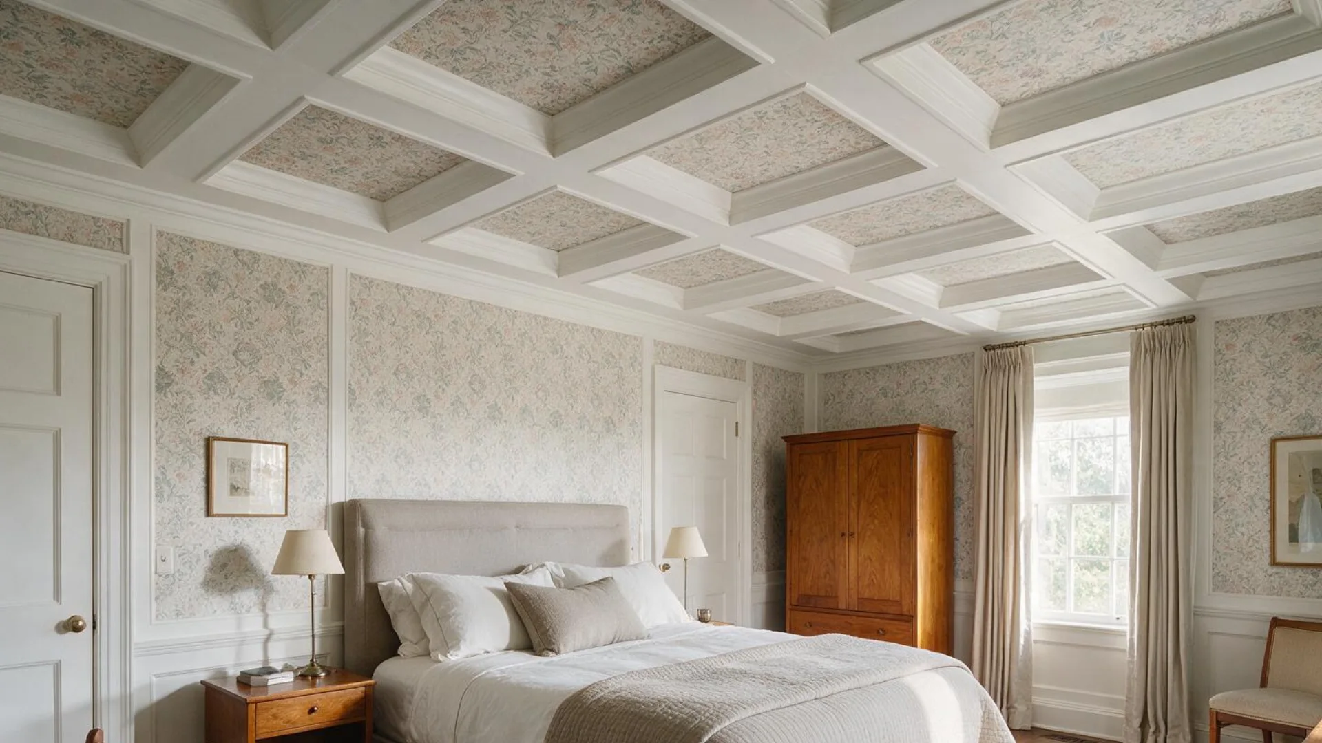 Bedroom with wallpapered coffered ceiling white trim soft neutral bedding wooden furniture and gentle daylight through window