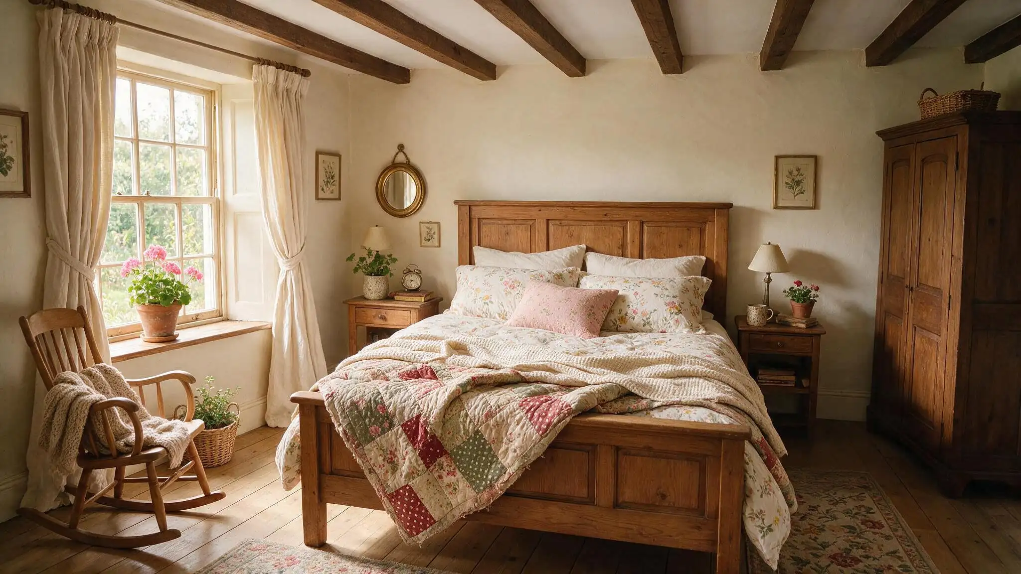 Warm cottagecore bedroom with wooden bed floral bedding patchwork quilt rocking chair and soft natural daylight