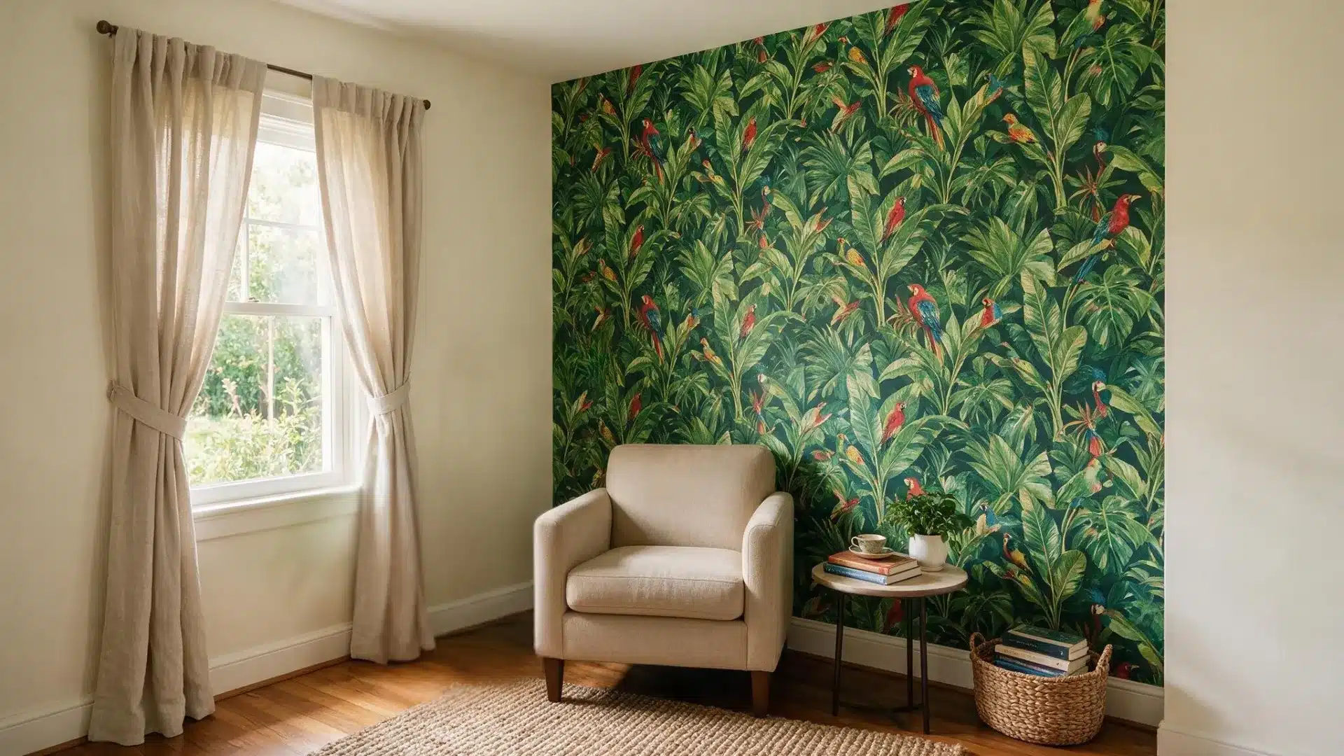 Beige armchair set against a bold tropical botanical leaf wallpaper accent wall.