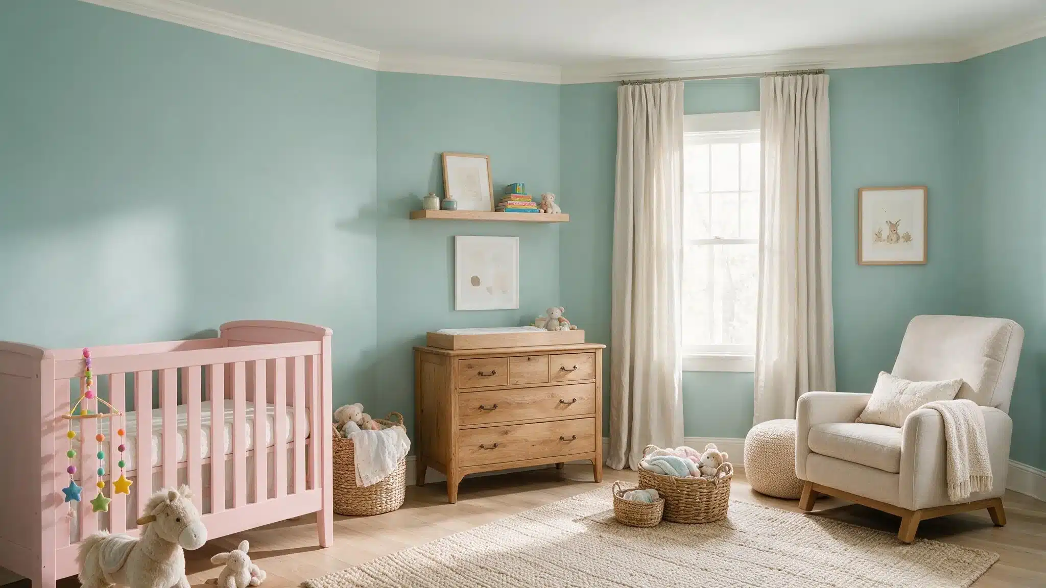 Serene pastel nursery with a pink crib, wooden dresser, stuffed animals, woven baskets, a cushioned armchair, and a sunlit window.