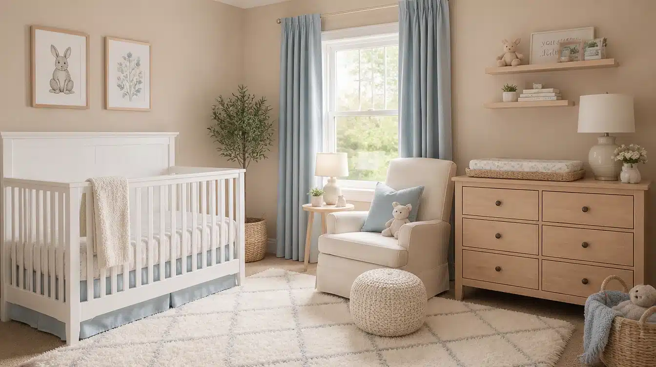 Benjamin Moore Big Bend Beige nursery with warm beige walls, white crib, wood dresser, blue curtains, and soft neutral furnishings.