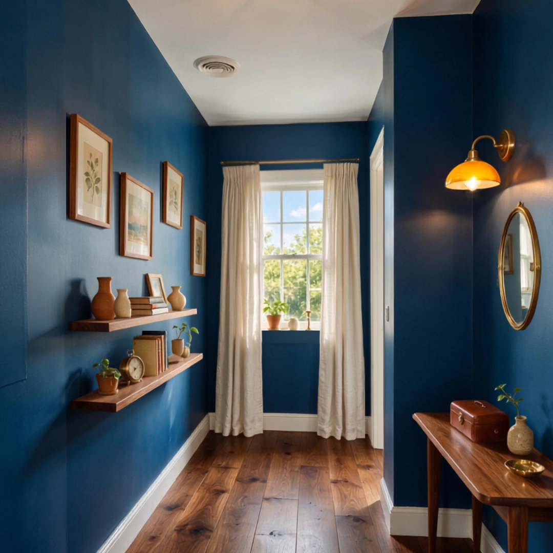 Deep blue hallway featuring wood floating shelves, a warm sconce, and window light