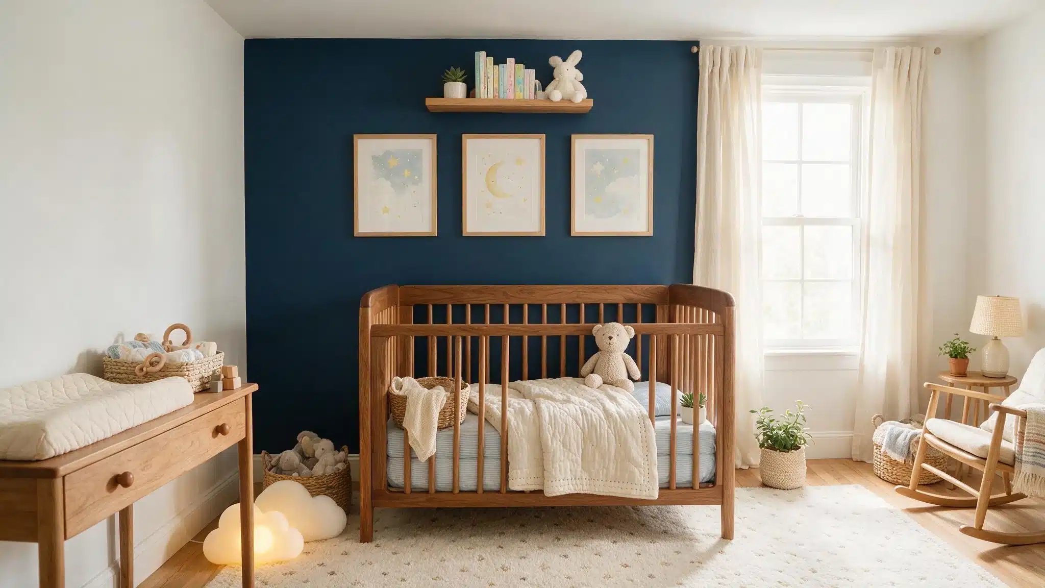 Benjamin Moore Hale Navy nursery with deep navy accent wall, wood crib, neutral furniture, cream curtains, and natural daylight.