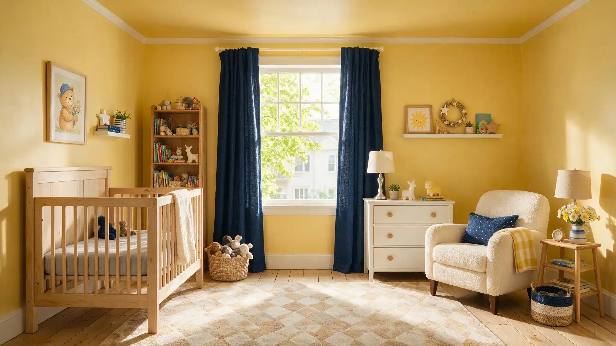 Benjamin Moore Hawthorne Yellow nursery with warm yellow walls, natural wood crib, navy curtains, white dresser, and cozy decor.