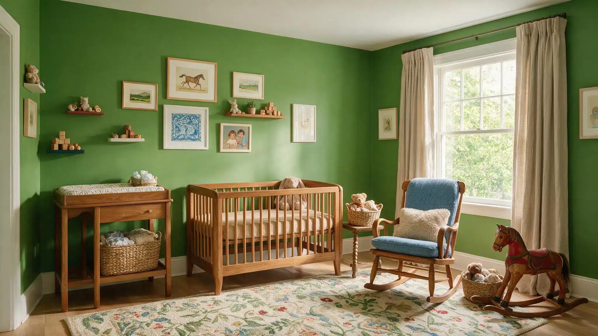 Benjamin Moore Lehigh Green nursery with bold green walls, natural wood crib, blue rocking chair, gallery wall, and vintage-inspired decor.
