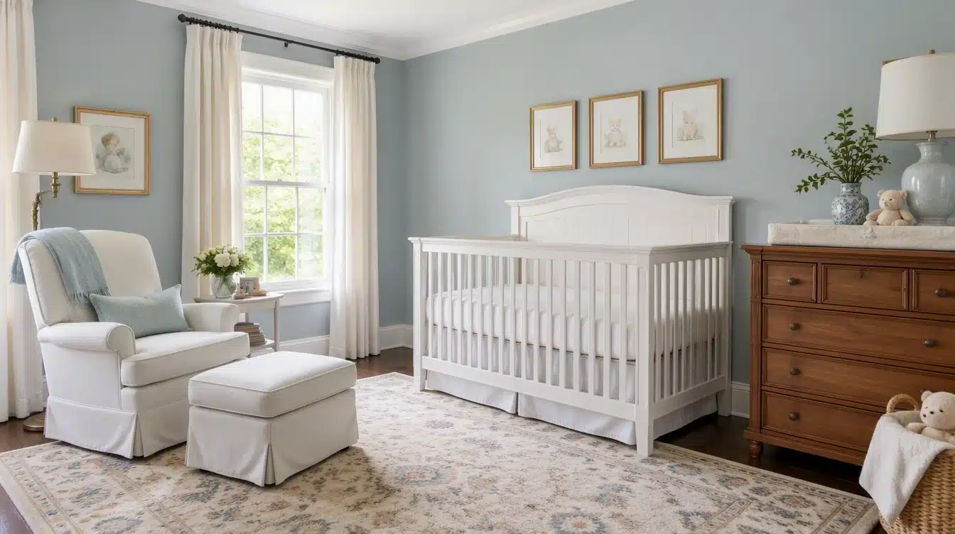 Serene nursery with a white crib, upholstered rocking chair and ottoman, wooden dresser, soft blue walls, framed artwork, and plush toys.