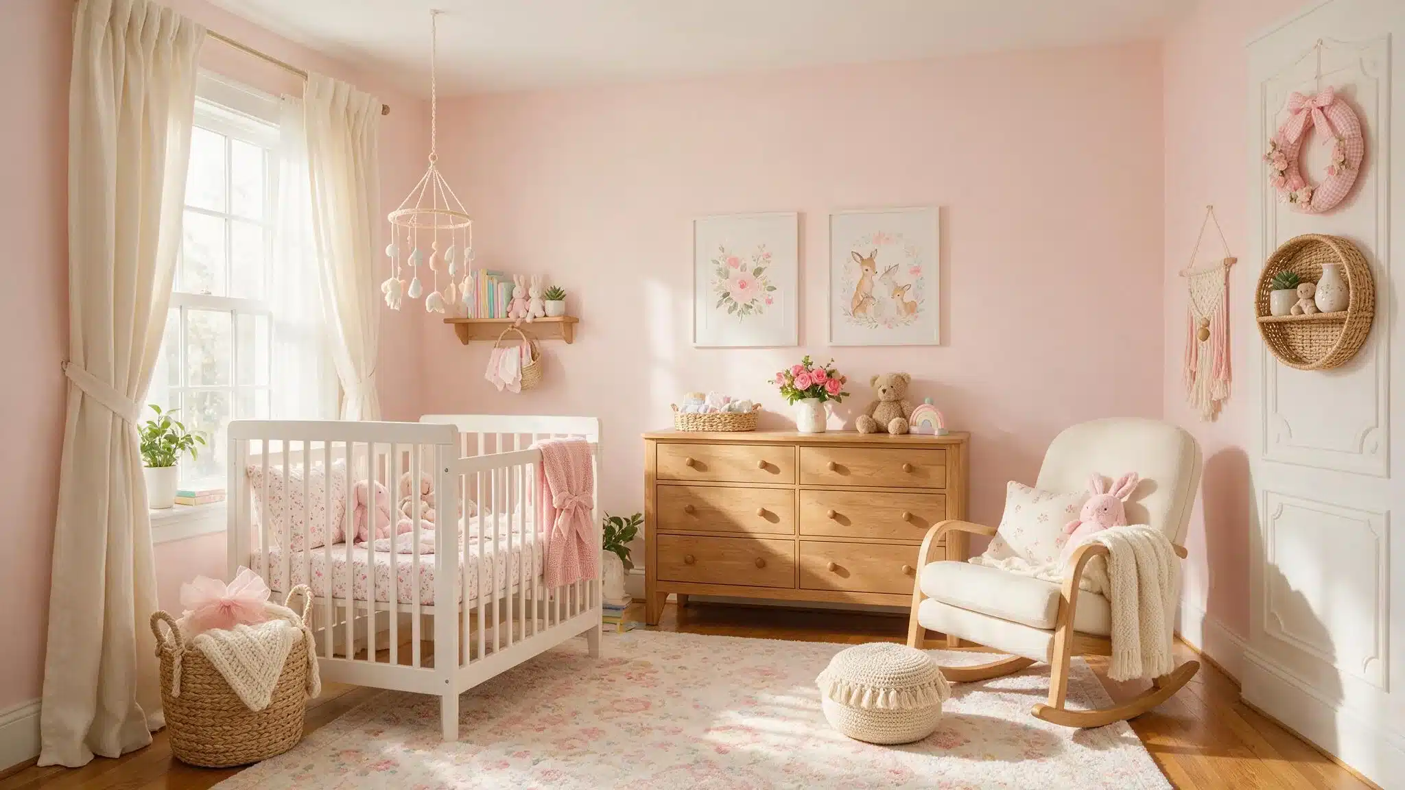 Benjamin Moore Pink Bliss nursery with soft pink walls, white crib, wood dresser, rocking chair, and warm natural light.