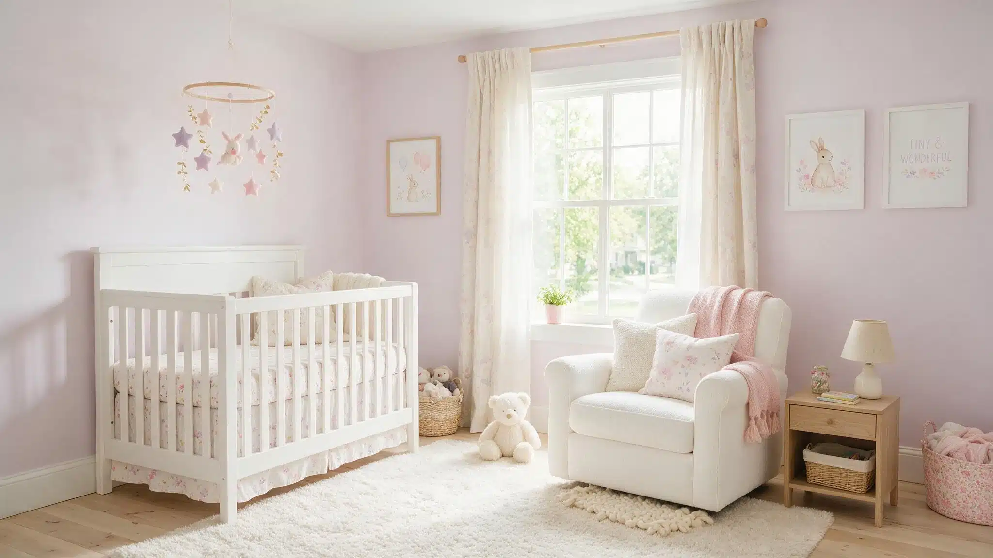 Bright pastel nursery with a white crib, plush armchair, pink accents, hanging mobile, stuffed animals, and framed wall art beside a sunlit window.