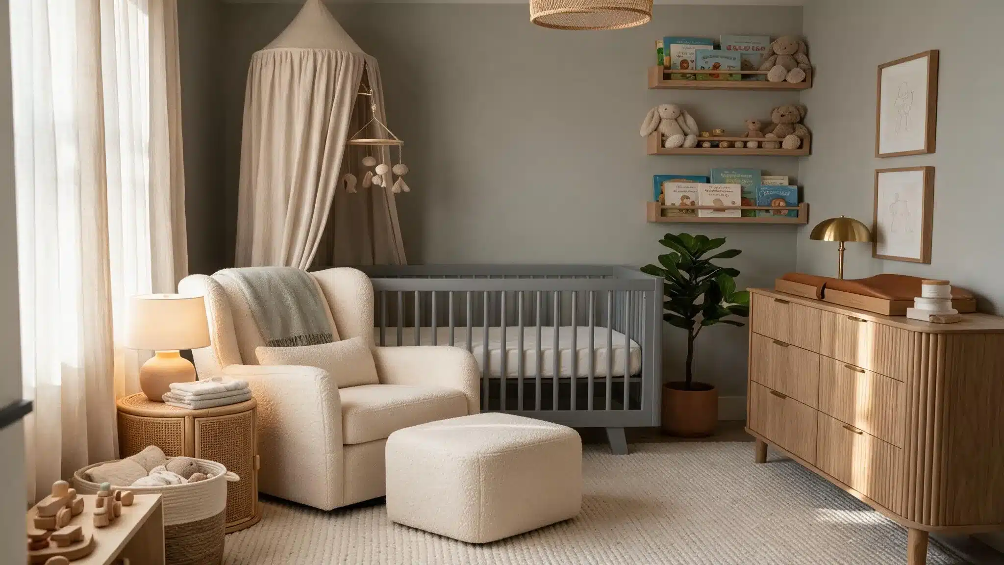 Warm, neutral-toned nursery with a gray crib, canopy, rocking chair, plush ottoman, toys, bookshelves, and wooden dresser.