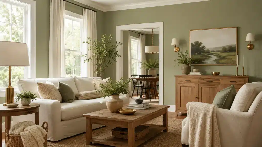 A softly lit living room features a slipcovered sofa wood coffee table and a landscape painting above a wooden cabinet