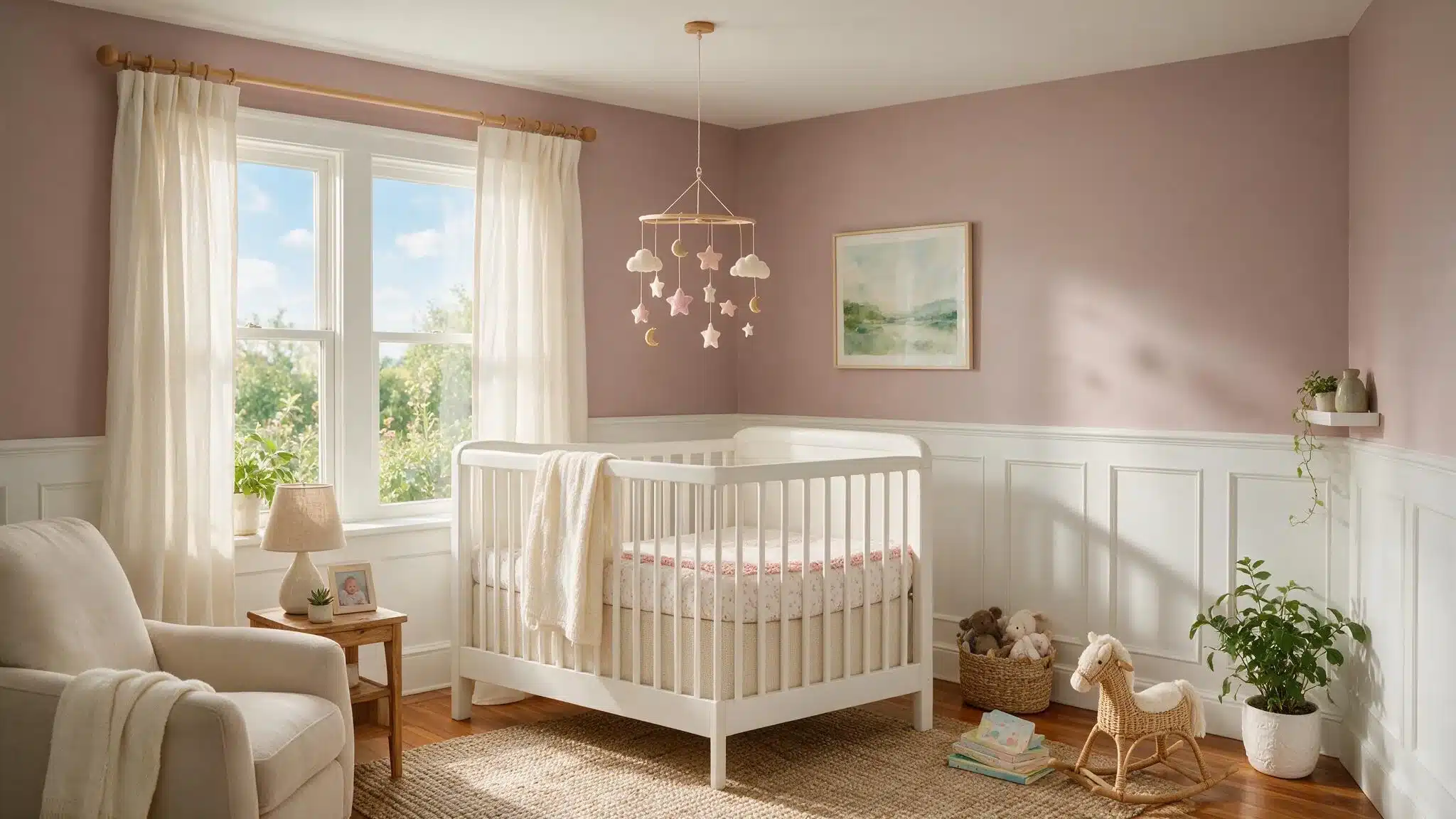 Benjamin Moore Seaside Sand nursery with muted mauve walls, white wainscoting, white crib, neutral decor, and natural light.