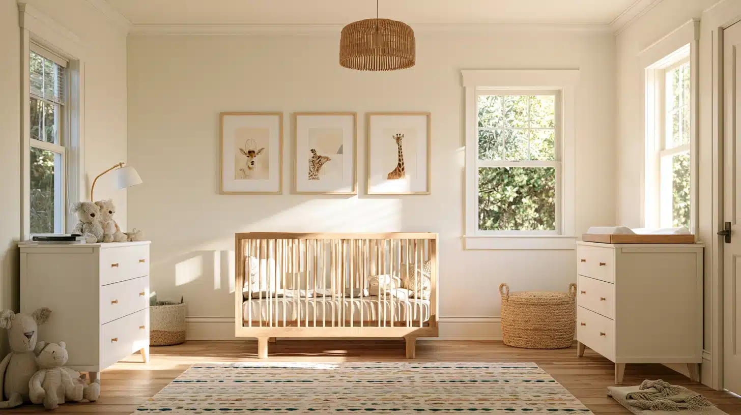 Bright, sunlit nursery with a wooden crib, white dressers, plush toys, animal artwork, woven baskets, and a patterned area rug.