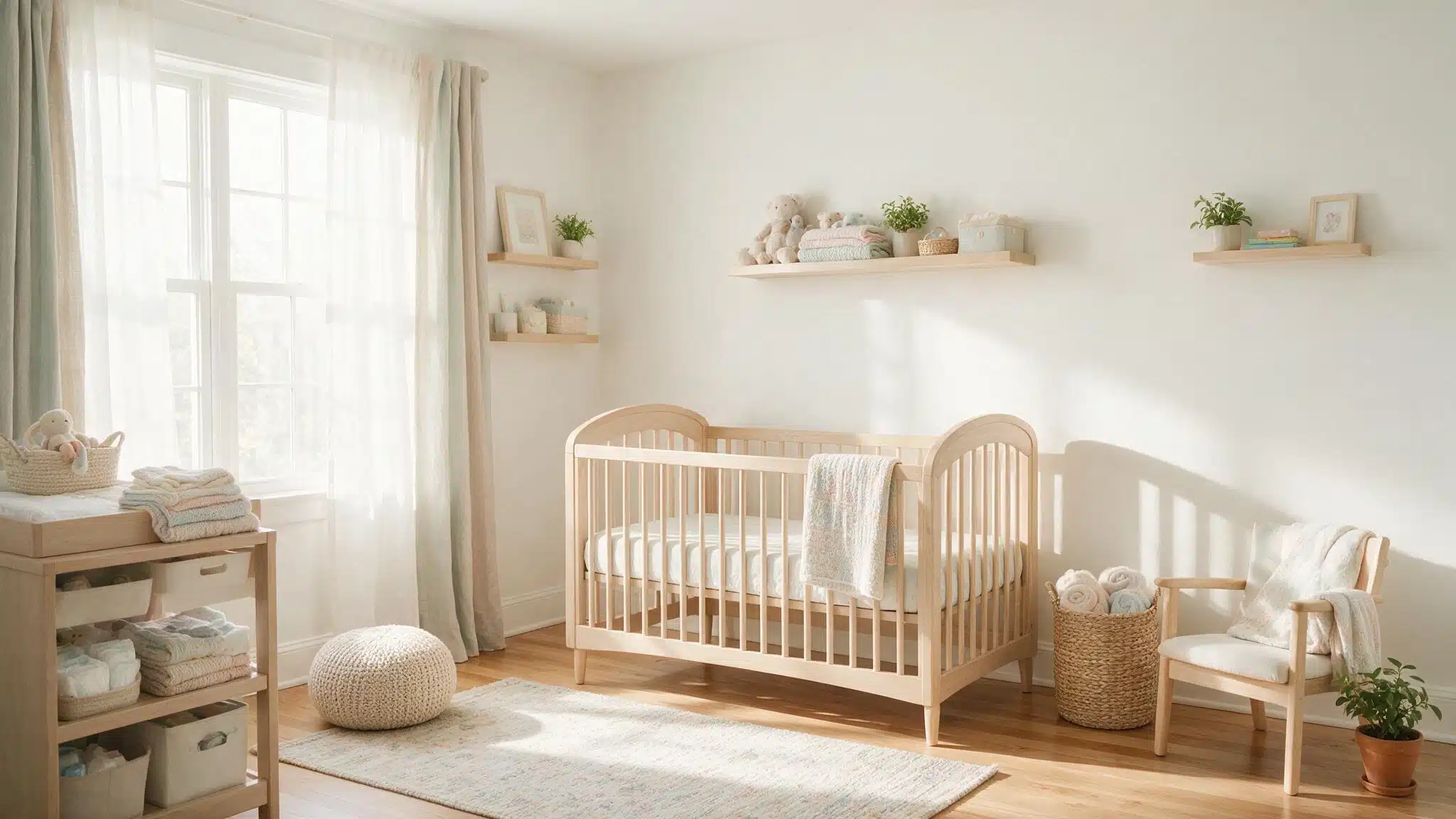 Bright nursery with a wooden crib, changing table, shelves, woven baskets, armchair, soft rug, and sunlight through a window.