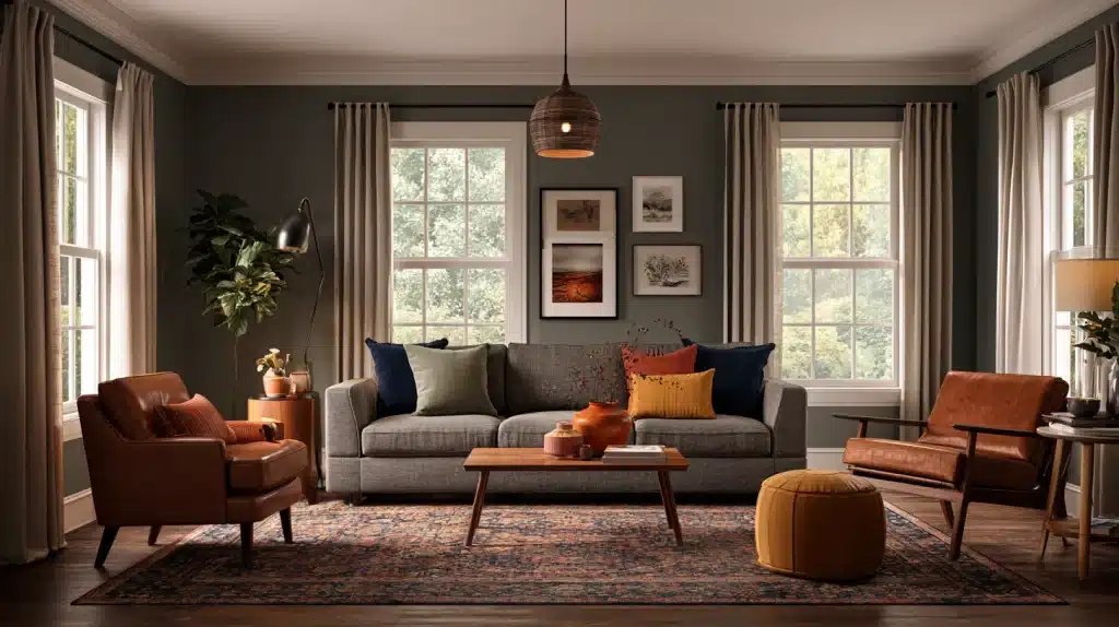 Warm, stylish living room with a gray sofa, leather armchairs, colorful pillows, a patterned rug, coffee table, indoor plants, and large curtained windows.
