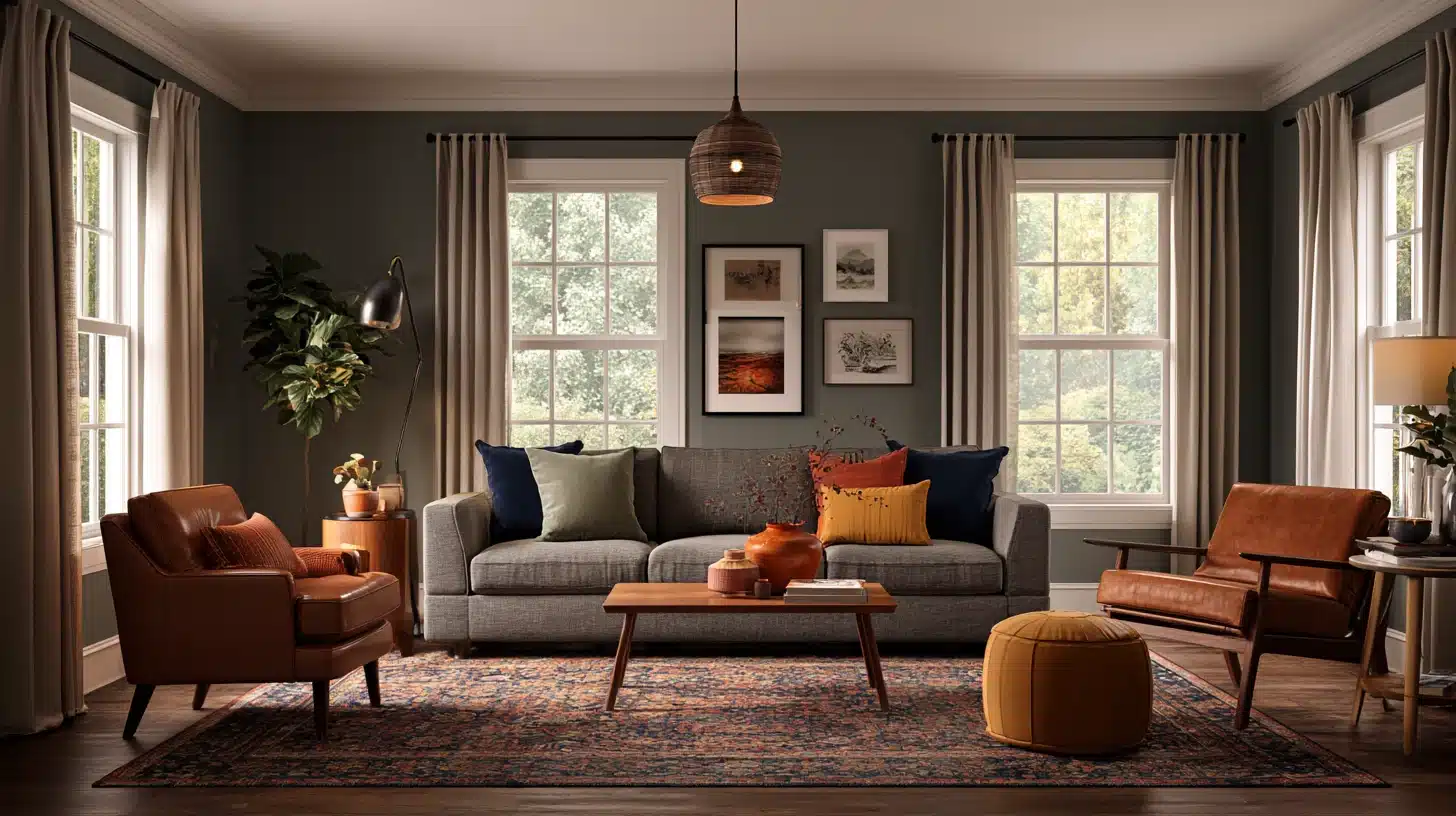 Warm, stylish living room with a gray sofa, leather armchairs, colorful pillows, a patterned rug, coffee table, indoor plants, and large curtained windows.