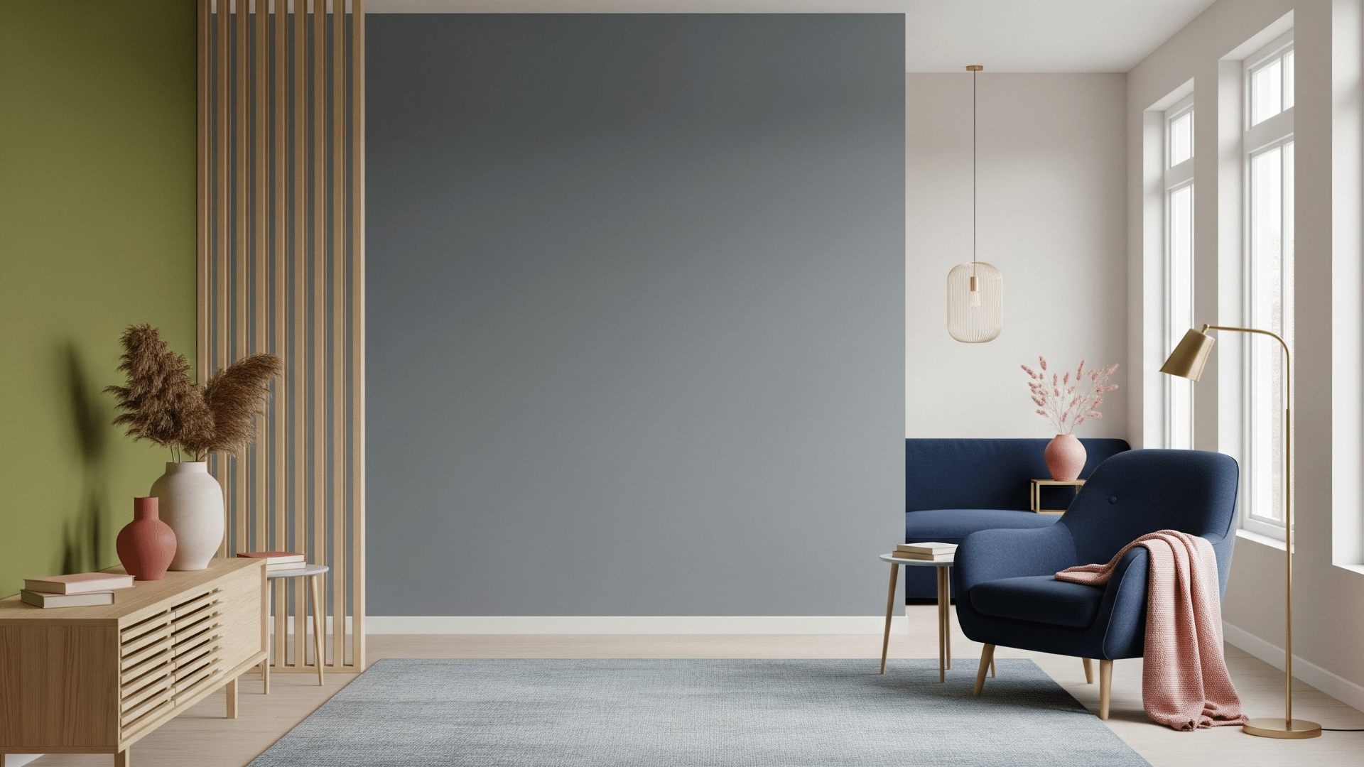 living room with olive wall, navy chair, wood slats, and soft decor.