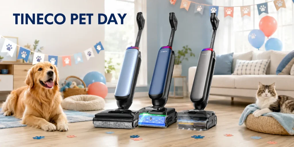 Vacuum cleaners with a dog and cat in a cozy living room setting