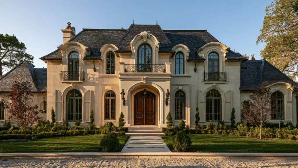 French Provincial house with limestone facade slate roof arched windows symmetrical design and manicured front lawn