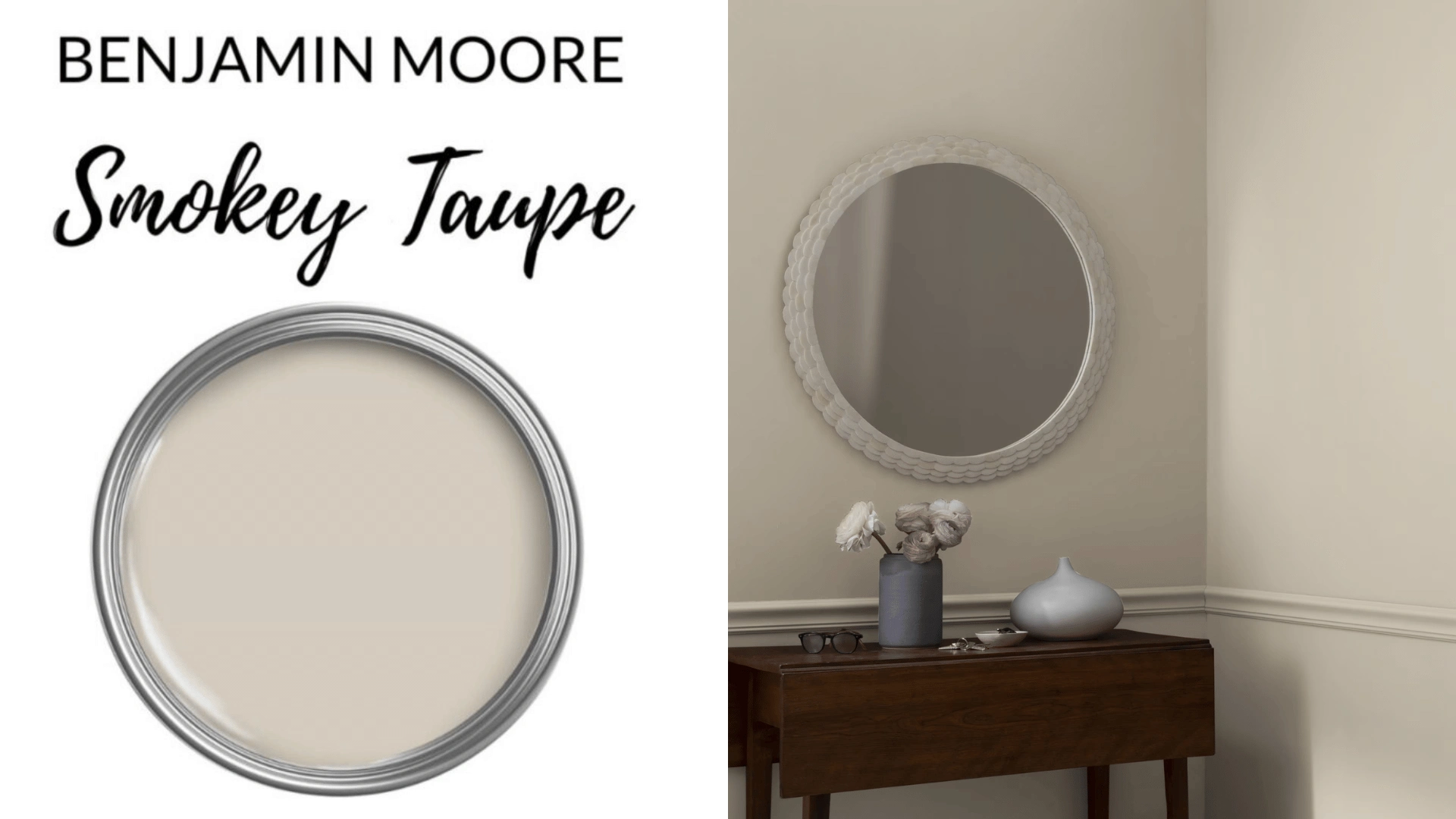 Benjamin Moore Smokey Taupe paint swatch next to an entryway wall decor