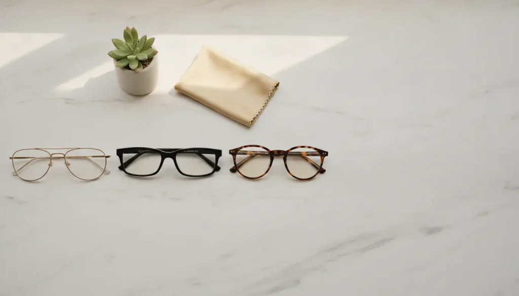 Three pairs of eyeglasses and a small plant on a marble surface under natural light