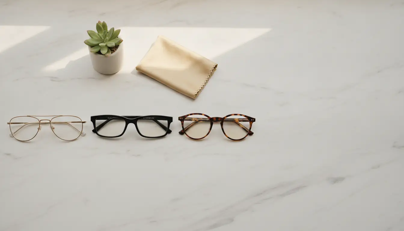 Three pairs of eyeglasses and a small plant on a marble surface under natural light