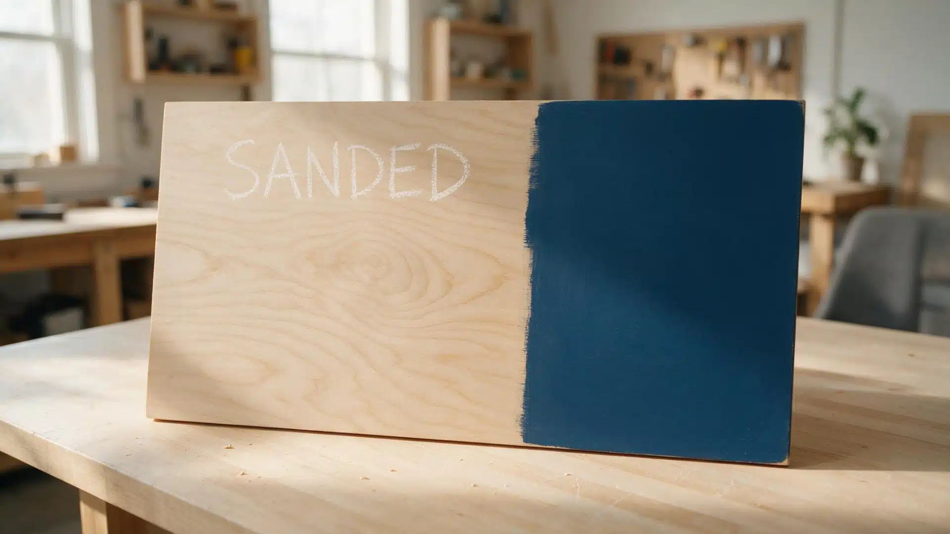 Sanded plywood board with chalk label, half painted in matte navy blue paint