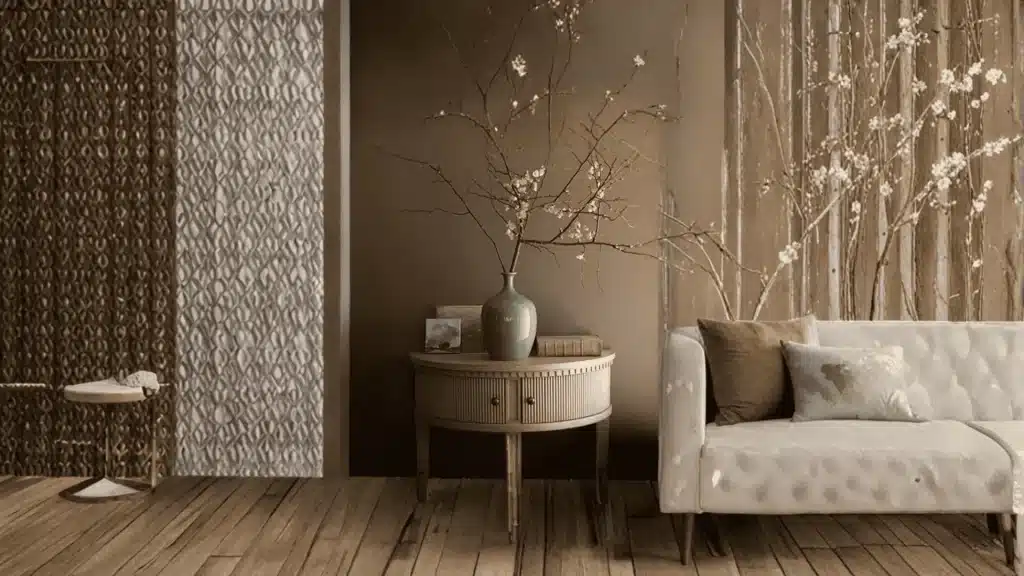 A elegant living room decorated in warm taupe tones with sofa and side table