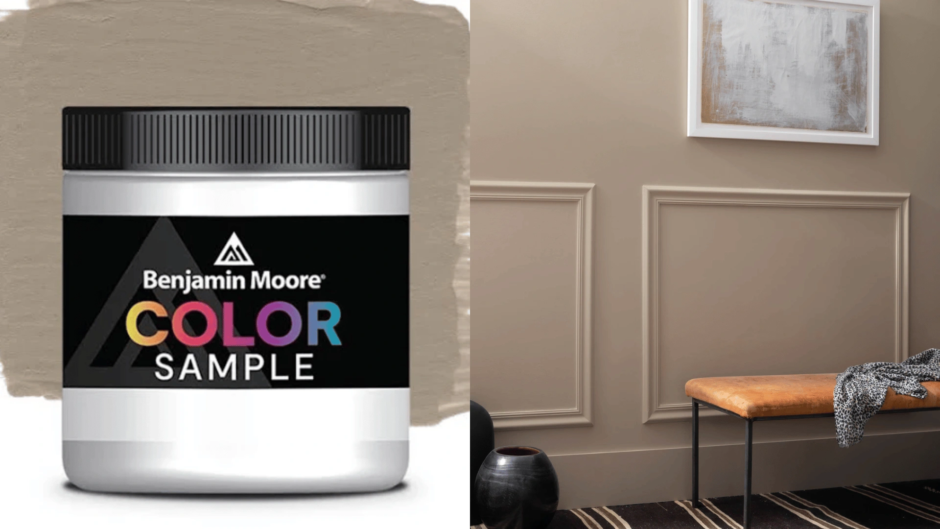 Benjamin Moore color sample next to taupe wall paneling and a bench